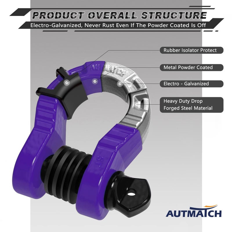 AUTMATCH D Ring Shackles 3/4"" Mega Shackle (2 Pack) 68 000Ibs Break Strength - Clevis Shackles 7/8"" Screw Pin and D Shackle Isolator & Washers Kit for Tow Strap Winch Off Road Vehicle Recovery  Purple - Image 4